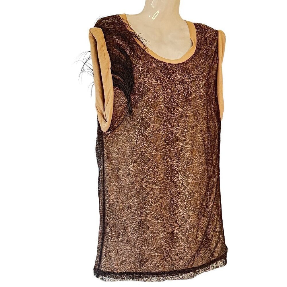 Robert Rodriguez Tank Top Ostrich Plume Detail Black Lace Overlay Goth Size Med